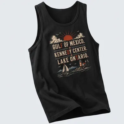 Vintage retro T-shirt with sailboat, lighthouse, and mountains at sunset — printed on a tank top
