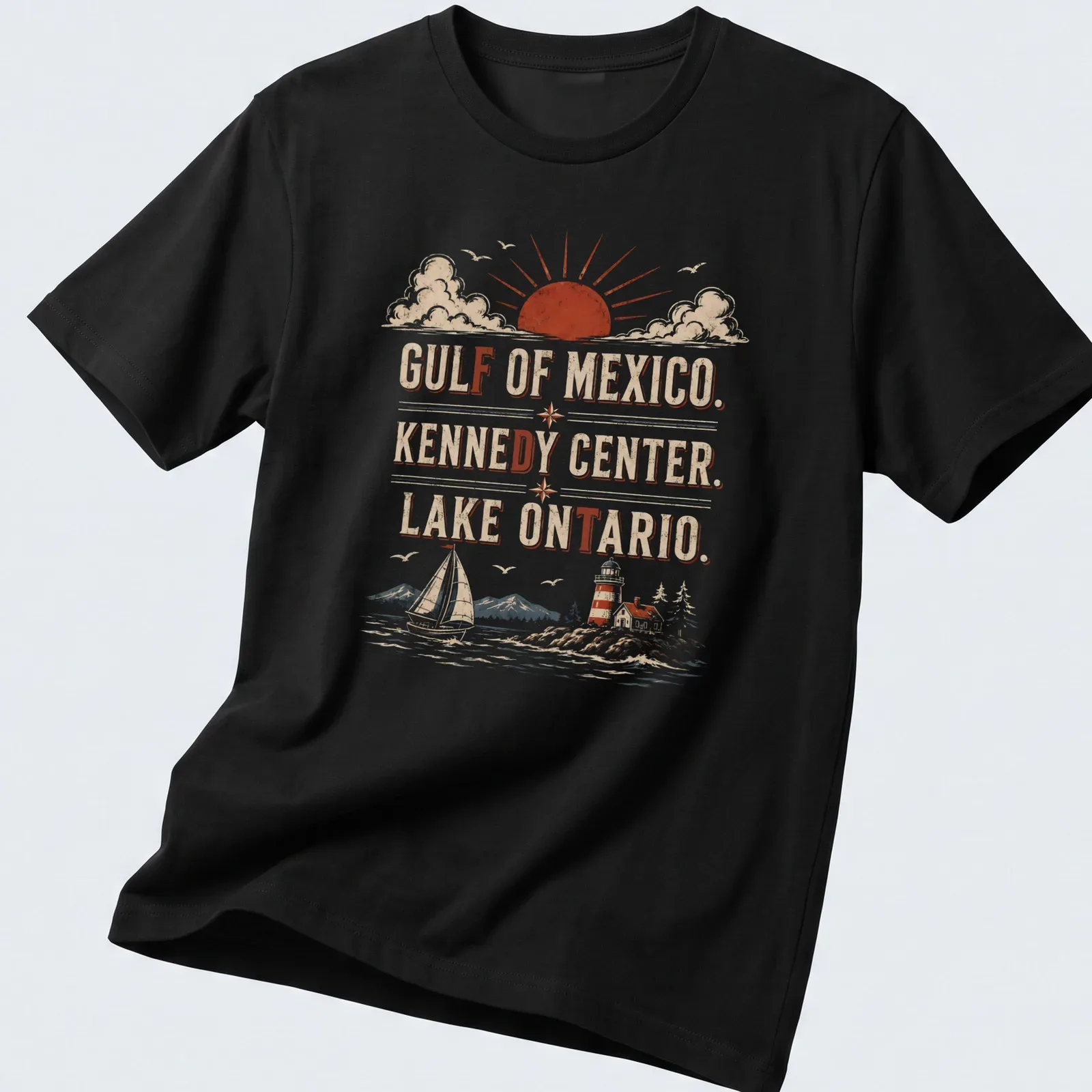 Vintage retro T-shirt with sailboat, lighthouse, and mountains at sunset — printed on a unisex t-shirt