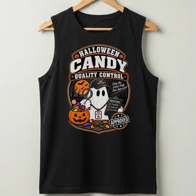 Vintage-style t-shirt featuring a ghost with a magnifying glass inspecting Halloween candy. — printed on a tank top