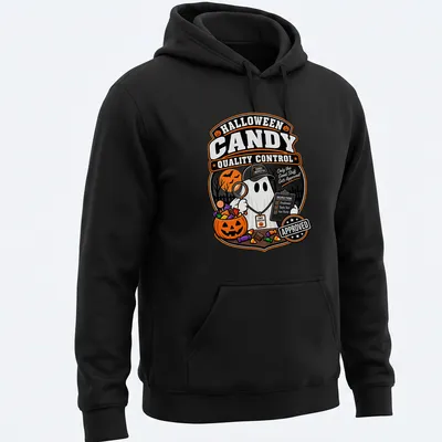 Vintage-style t-shirt featuring a ghost with a magnifying glass inspecting Halloween candy. — printed on a unisex hoodie