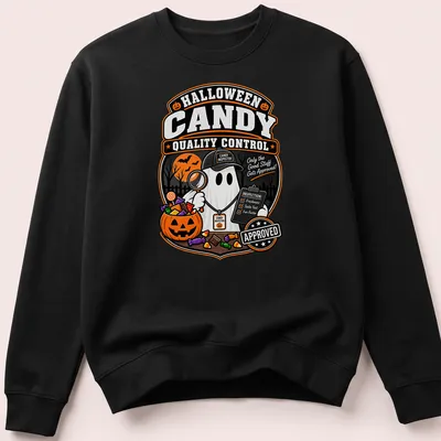 Vintage-style t-shirt featuring a ghost with a magnifying glass inspecting Halloween candy. — printed on a unisex sweatshirt