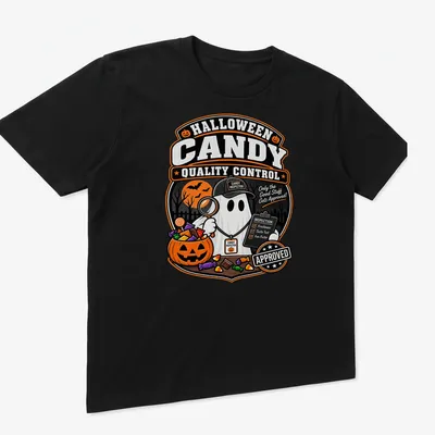 Vintage-style t-shirt featuring a ghost with a magnifying glass inspecting Halloween candy. — printed on a unisex t-shirt (angled view)