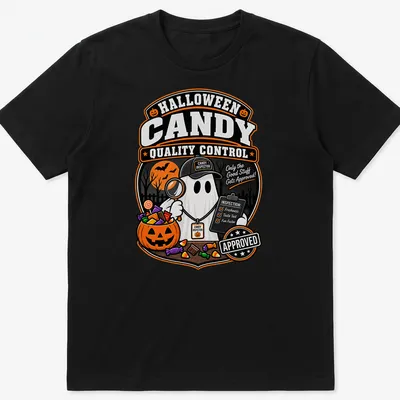 Vintage-style t-shirt featuring a ghost with a magnifying glass inspecting Halloween candy.