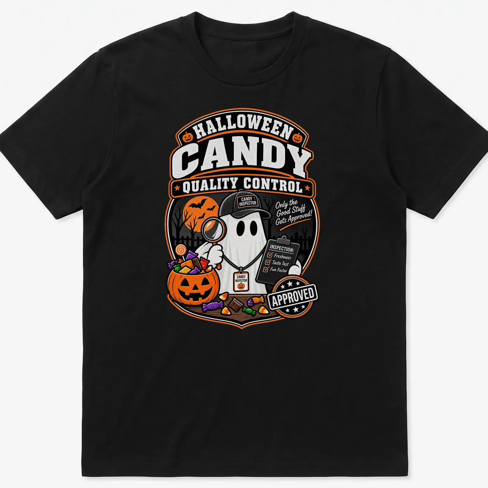 Vintage-style t-shirt featuring a ghost with a magnifying glass inspecting Halloween candy. — printed on a unisex t-shirt