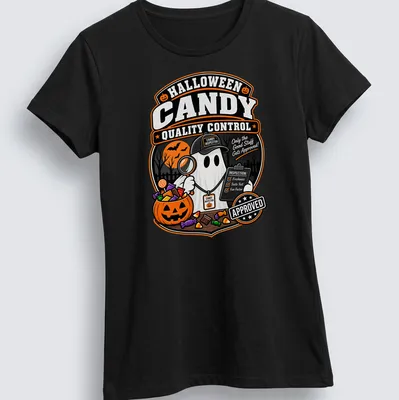Vintage-style t-shirt featuring a ghost with a magnifying glass inspecting Halloween candy. — printed on a women's shirt
