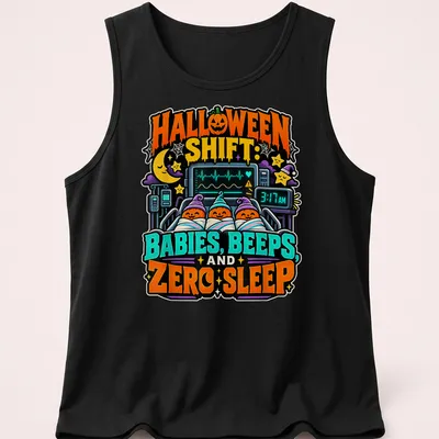 Colorful cartoon design of pumpkin-headed babies in blankets with humorous text — printed on a tank top