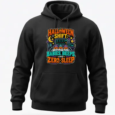 Colorful cartoon design of pumpkin-headed babies in blankets with humorous text — printed on a unisex hoodie