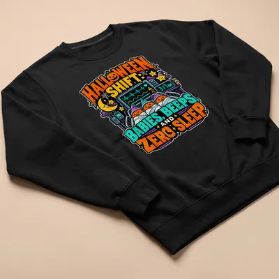 Colorful cartoon design of pumpkin-headed babies in blankets with humorous text — printed on a unisex sweatshirt