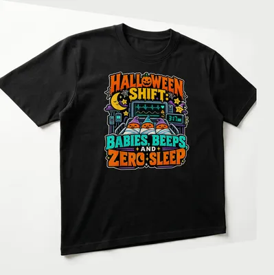 Colorful cartoon design of pumpkin-headed babies in blankets with humorous text — printed on a unisex t-shirt (angled view)