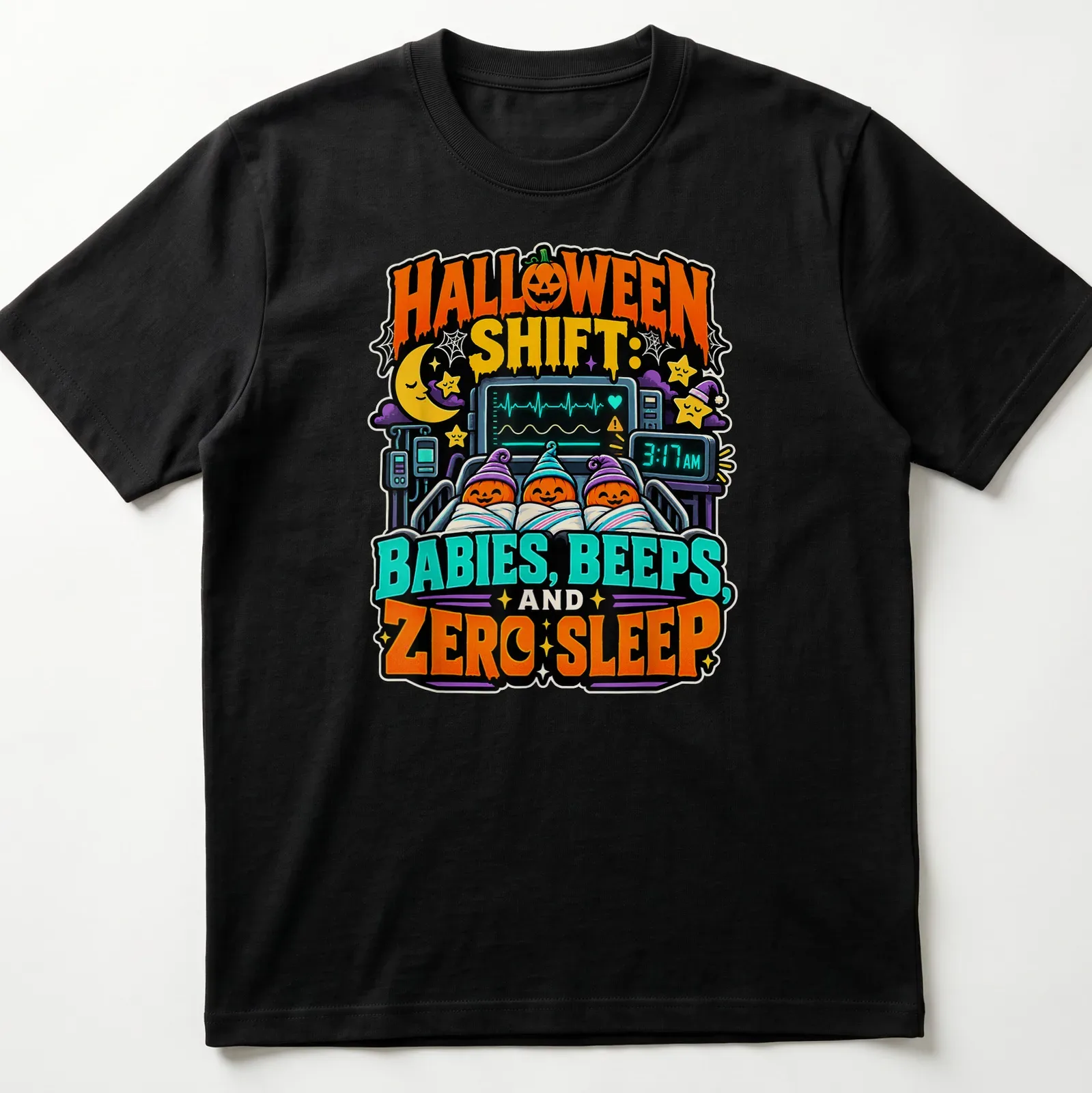 Colorful cartoon design of pumpkin-headed babies in blankets with humorous text — printed on a unisex t-shirt