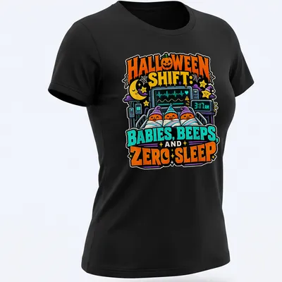 Colorful cartoon design of pumpkin-headed babies in blankets with humorous text — printed on a women's shirt