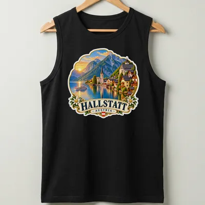 Vintage travel scene t-shirt featuring Hallstatt Austria village by a lake — printed on a tank top