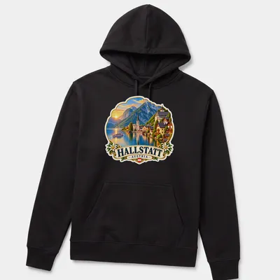 Vintage travel scene t-shirt featuring Hallstatt Austria village by a lake — printed on a unisex hoodie