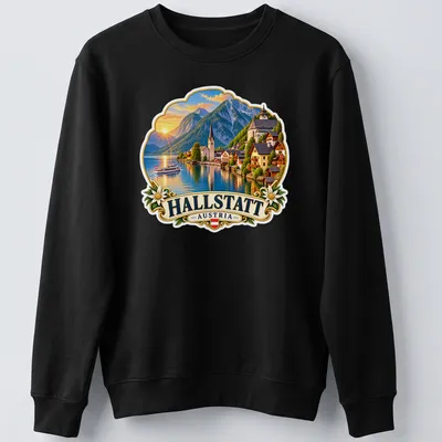 Vintage travel scene t-shirt featuring Hallstatt Austria village by a lake — printed on a unisex sweatshirt