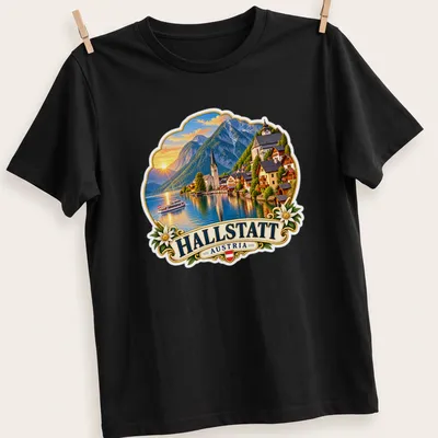 Vintage travel scene t-shirt featuring Hallstatt Austria village by a lake