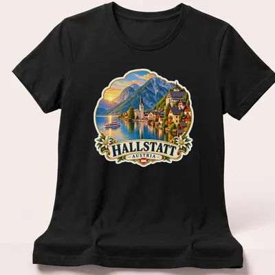 Vintage travel scene t-shirt featuring Hallstatt Austria village by a lake — printed on a women's shirt