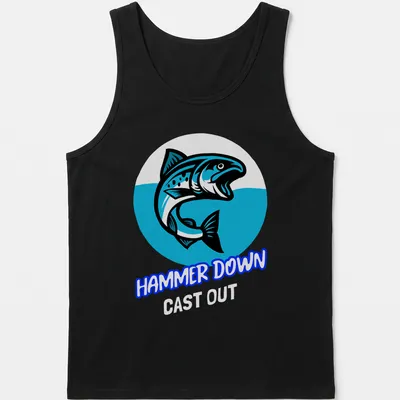 Bold cartoon style t-shirt featuring a fish and the text HAMMER DOWN — printed on a tank top