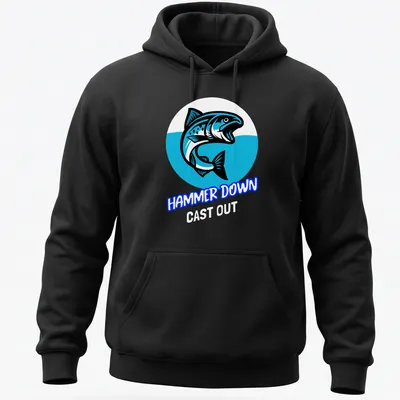 Bold cartoon style t-shirt featuring a fish and the text HAMMER DOWN — printed on a unisex hoodie