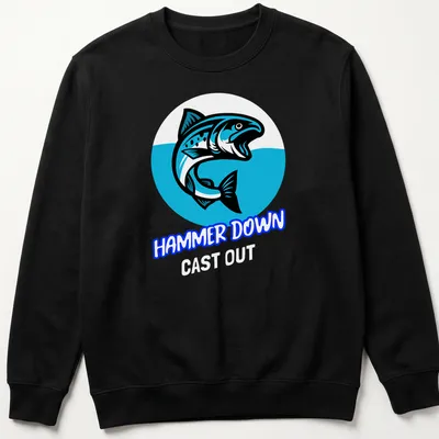 Bold cartoon style t-shirt featuring a fish and the text HAMMER DOWN — printed on a unisex sweatshirt