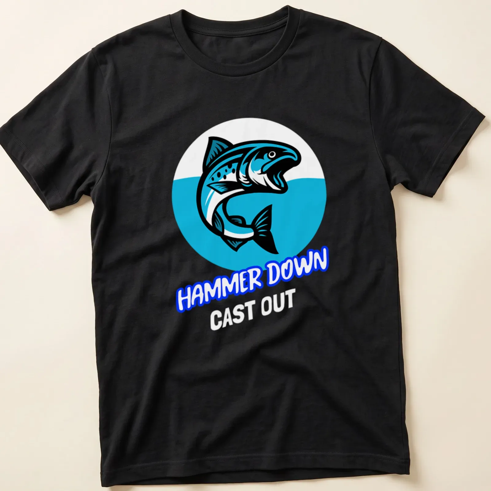 Bold cartoon style t-shirt featuring a fish and the text HAMMER DOWN — printed on a unisex t-shirt