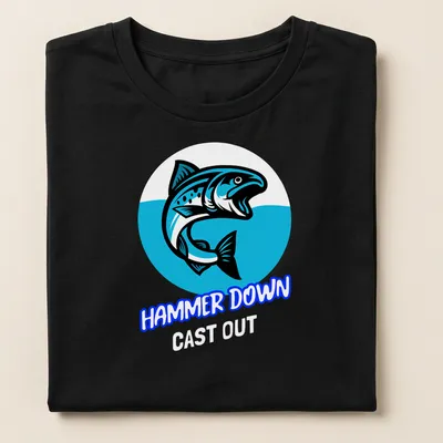 Bold cartoon style t-shirt featuring a fish and the text HAMMER DOWN — printed on a women's shirt