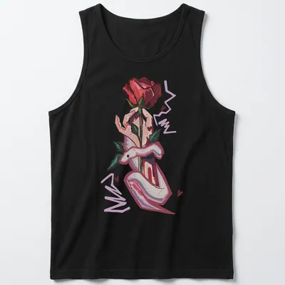 Illustrative design of a hand holding a rose and a snake, featuring bold colors. — printed on a tank top