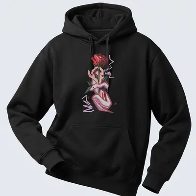 Illustrative design of a hand holding a rose and a snake, featuring bold colors. — printed on a unisex hoodie