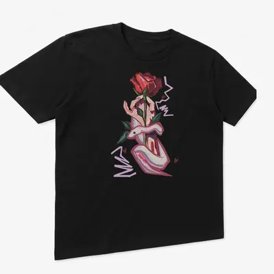 Illustrative design of a hand holding a rose and a snake, featuring bold colors. — printed on a unisex t-shirt (angled view)