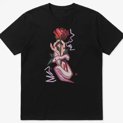 Illustrative design of a hand holding a rose and a snake, featuring bold colors.
