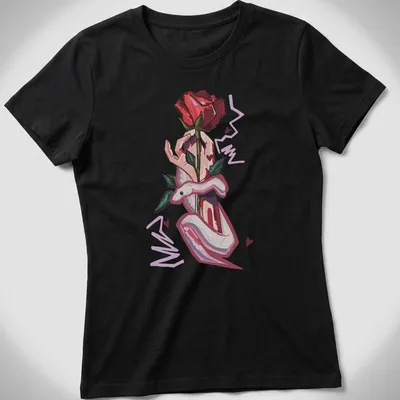 Illustrative design of a hand holding a rose and a snake, featuring bold colors. — printed on a women's shirt
