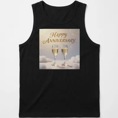 Elegant champagne glasses illustration with Happy Anniversary text in soft pastel colors — printed on a tank top