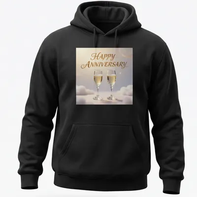 Elegant champagne glasses illustration with Happy Anniversary text in soft pastel colors — printed on a unisex hoodie