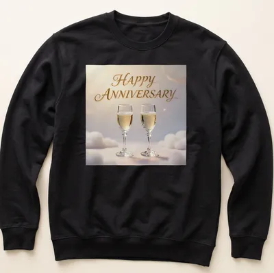 Elegant champagne glasses illustration with Happy Anniversary text in soft pastel colors — printed on a unisex sweatshirt
