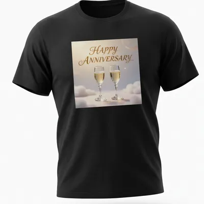 Elegant champagne glasses illustration with Happy Anniversary text in soft pastel colors