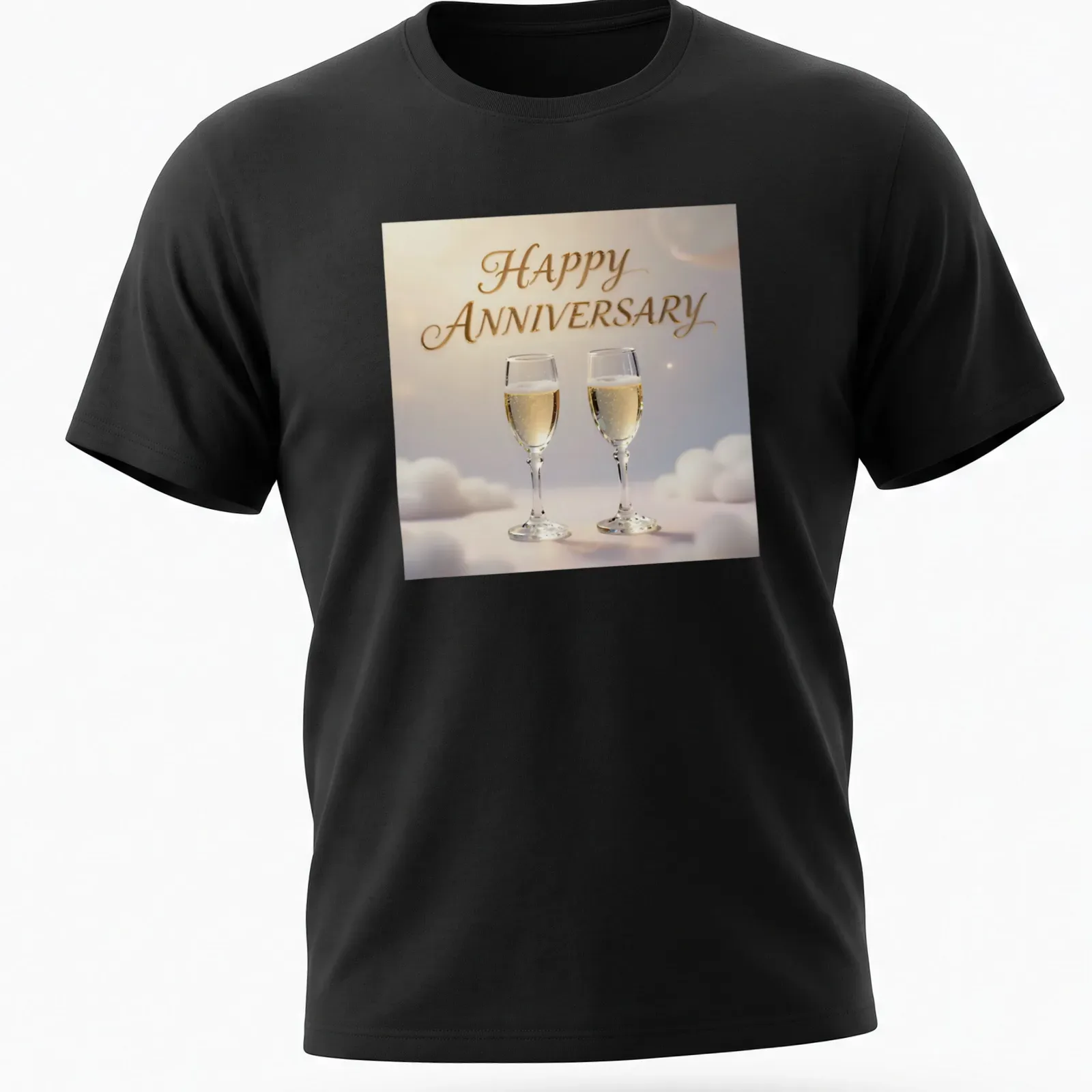 Elegant champagne glasses illustration with Happy Anniversary text in soft pastel colors — printed on a unisex t-shirt