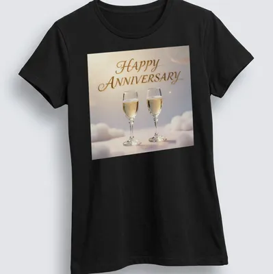 Elegant champagne glasses illustration with Happy Anniversary text in soft pastel colors — printed on a women's shirt