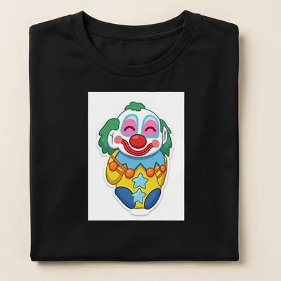 Cute cartoon clown character in bright colors on a — printed on a women's shirt