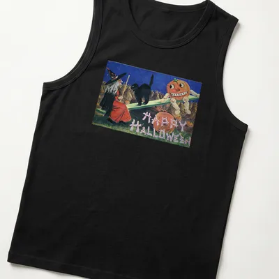 Vintage illustration of a witch, black cat, and pumpkin with Happy Halloween text — printed on a tank top