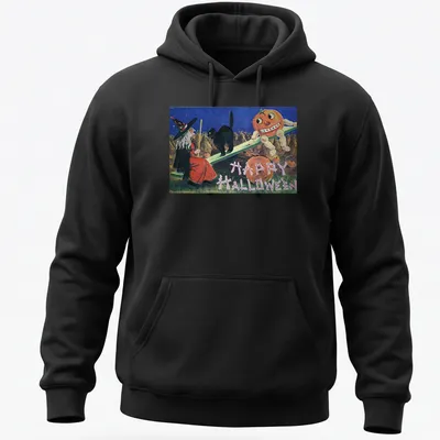 Vintage illustration of a witch, black cat, and pumpkin with Happy Halloween text — printed on a unisex hoodie