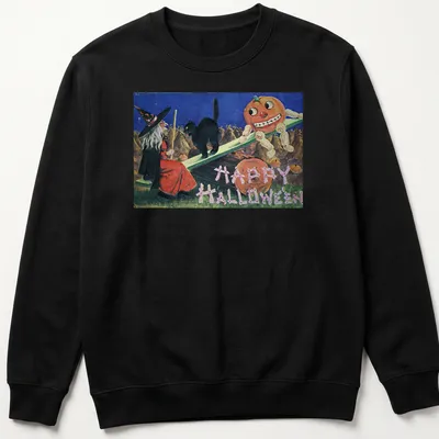 Vintage illustration of a witch, black cat, and pumpkin with Happy Halloween text — printed on a unisex sweatshirt
