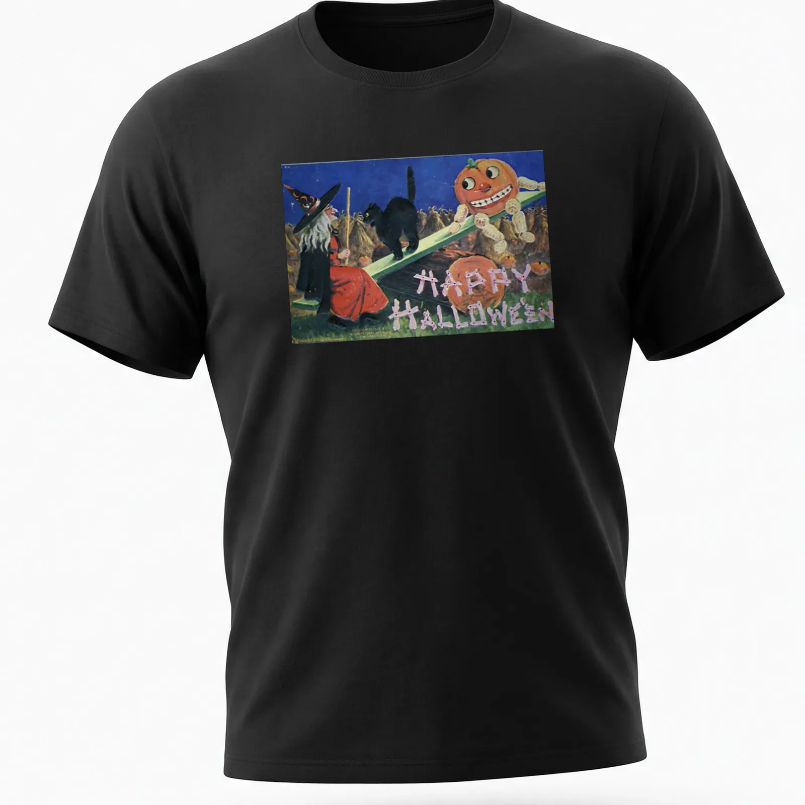 Vintage illustration of a witch, black cat, and pumpkin with Happy Halloween text — printed on a unisex t-shirt