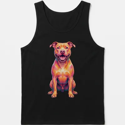 Colorful neon pop art portrait of a happy Pitbull in various bright colors — printed on a tank top