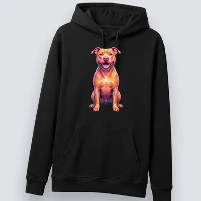 Colorful neon pop art portrait of a happy Pitbull in various bright colors — printed on a unisex hoodie