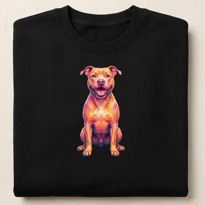 Colorful neon pop art portrait of a happy Pitbull in various bright colors — printed on a unisex sweatshirt