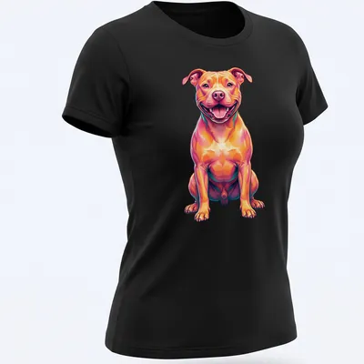 Colorful neon pop art portrait of a happy Pitbull in various bright colors — printed on a women's shirt