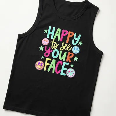 Vibrant T-shirt with colorful smiley faces and playful text — printed on a tank top