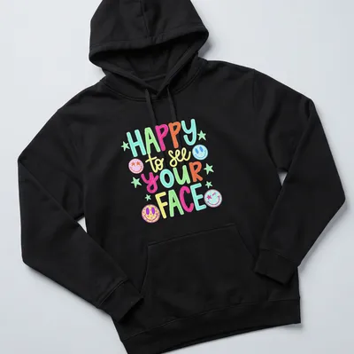 Vibrant T-shirt with colorful smiley faces and playful text — printed on a unisex hoodie