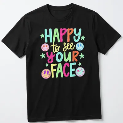 Vibrant T-shirt with colorful smiley faces and playful text