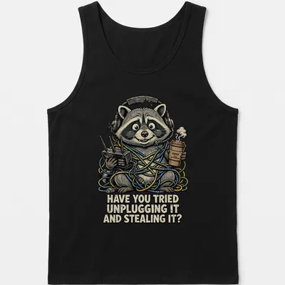 Cartoon raccoon with humorous tech support text design on — printed on a tank top