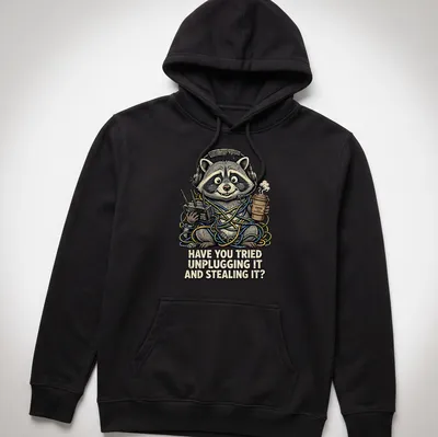 Cartoon raccoon with humorous tech support text design on — printed on a unisex hoodie